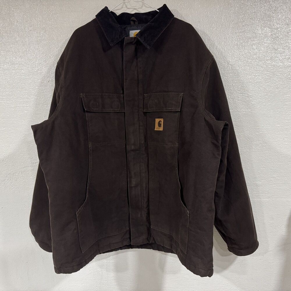 Carhartt Jacket Mens 2XL Brown Quilt Lined Workwear Duck Canvas Corduroy Collar